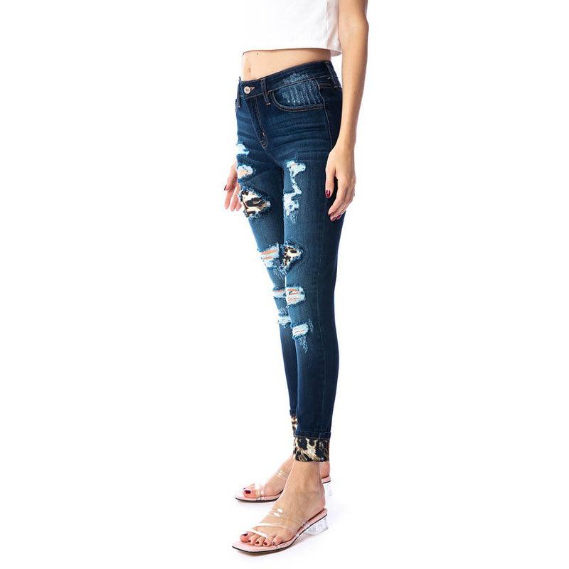 Women's Mid-Rise Leopard Patch Super Skinny Jeans - Jeans - BellanBlue