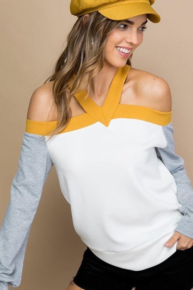 Women's Off Shoulder Contrast Halter Neck Top - Shirts & Tops - BellanBlue