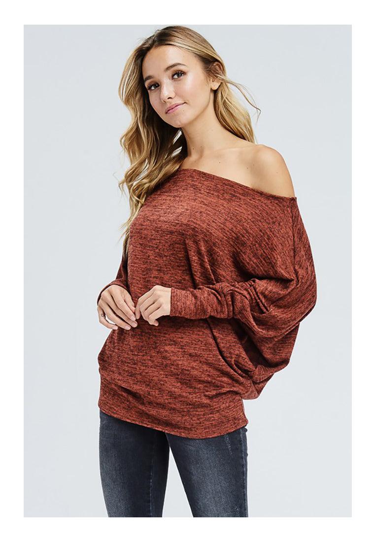 Women's Off Shoulder Dolman Sleeves Soft Sweater - Pullovers - BellanBlue