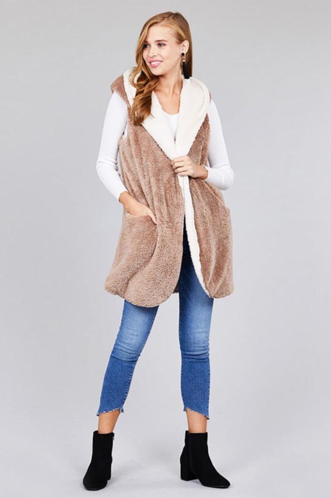 Women's Open Front Hoodie Faux Fur Soft Fluffy Vest - Vests - BellanBlue