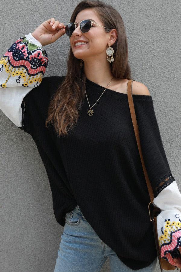 Women's Oversized Black Balloon Sleeve Dolman Style Sweater Top - Shirts & Tops - BellanBlue