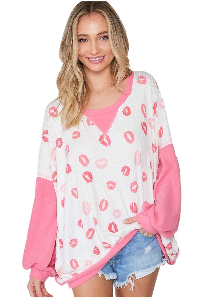 Women's Pink Contrast Kiss Sweatshirt - Pullovers - BellanBlue