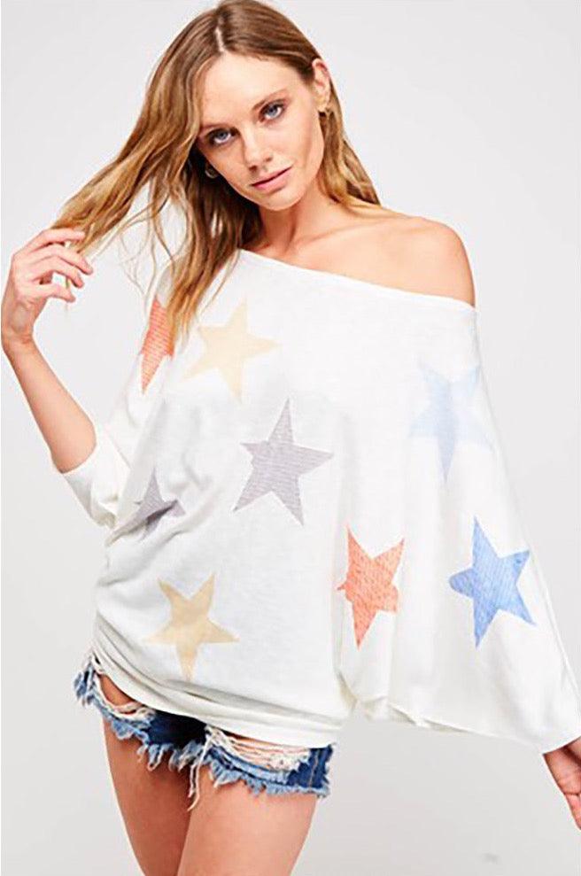 Women's Plus Size Multi-Color Star Print Batwing Top - Shirts & Tops - BellanBlue