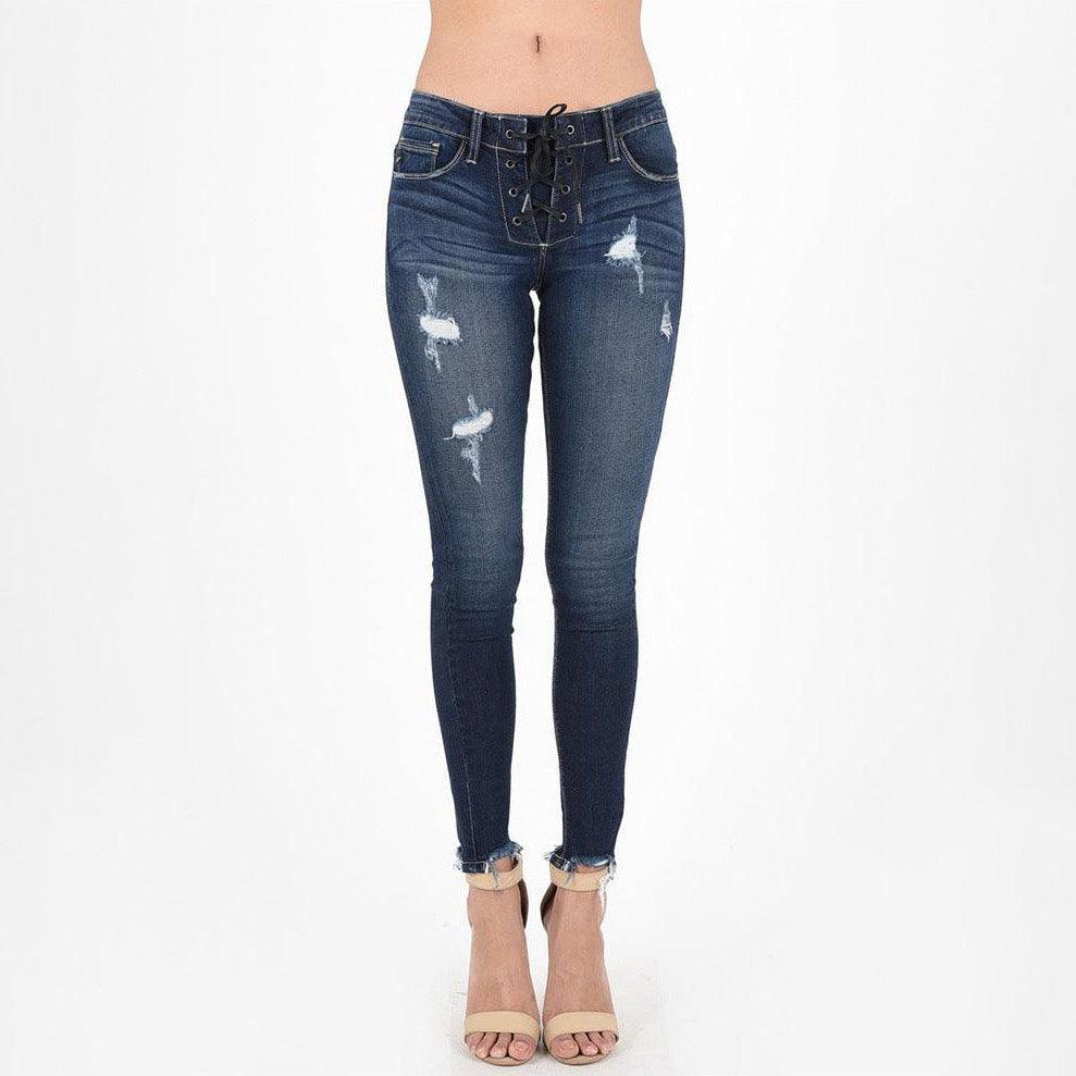 Women's Lace-Up Moto Distressed Jeans are premium destroyed dark denim that fit perfectly.