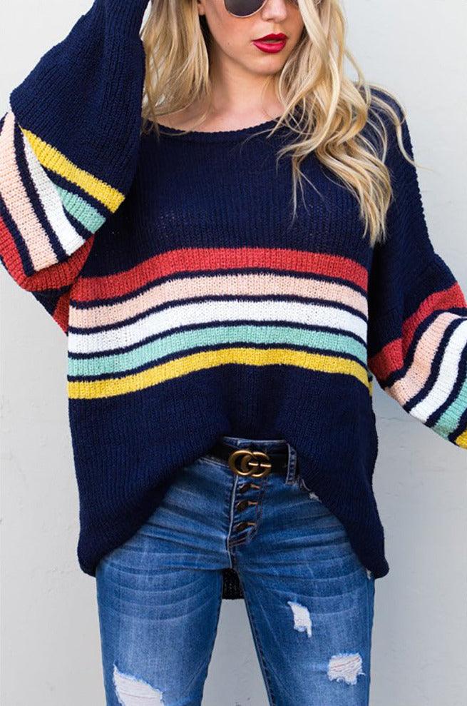 Women's Rainbow Stripe Loose Fit Pullover Sweater - Pullovers - BellanBlue