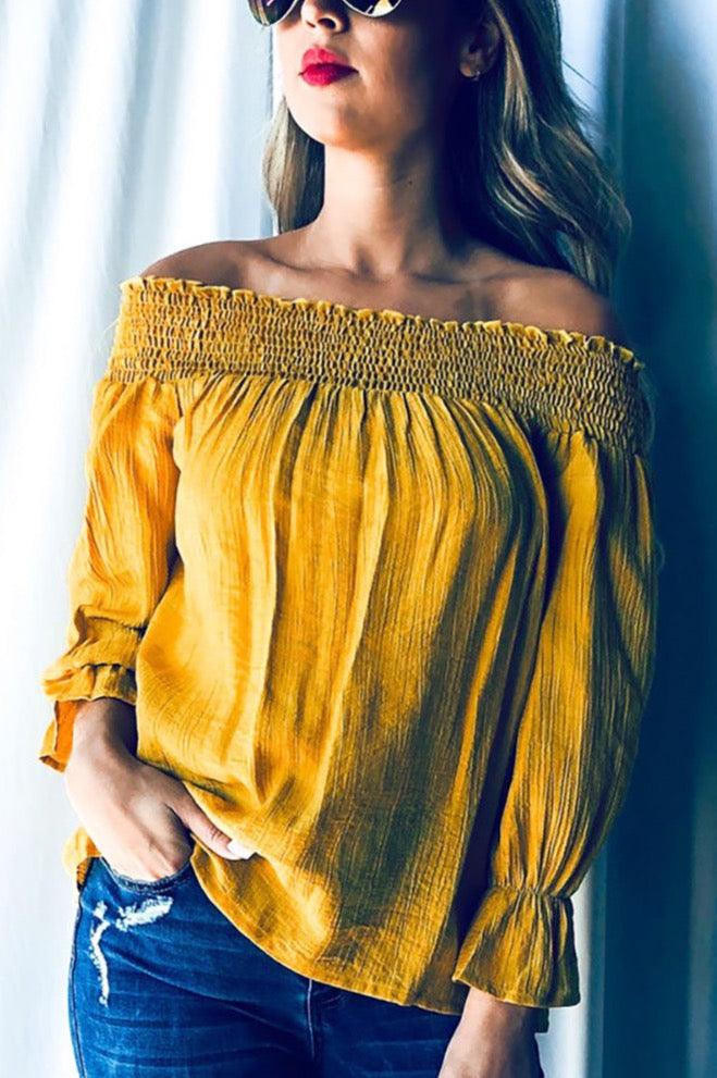 Women's Ribbon Back Detail Smock Off Shoulder Top - Shirts & Tops - BellanBlue