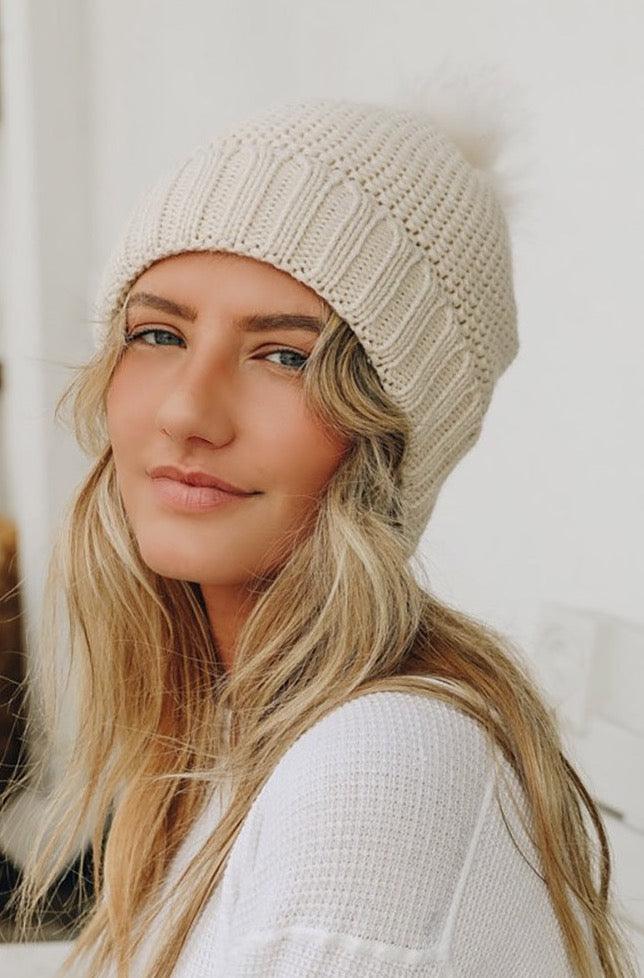 Women's Sherpa Lining Fur Pom Pom Beanie - Beanie - BellanBlue