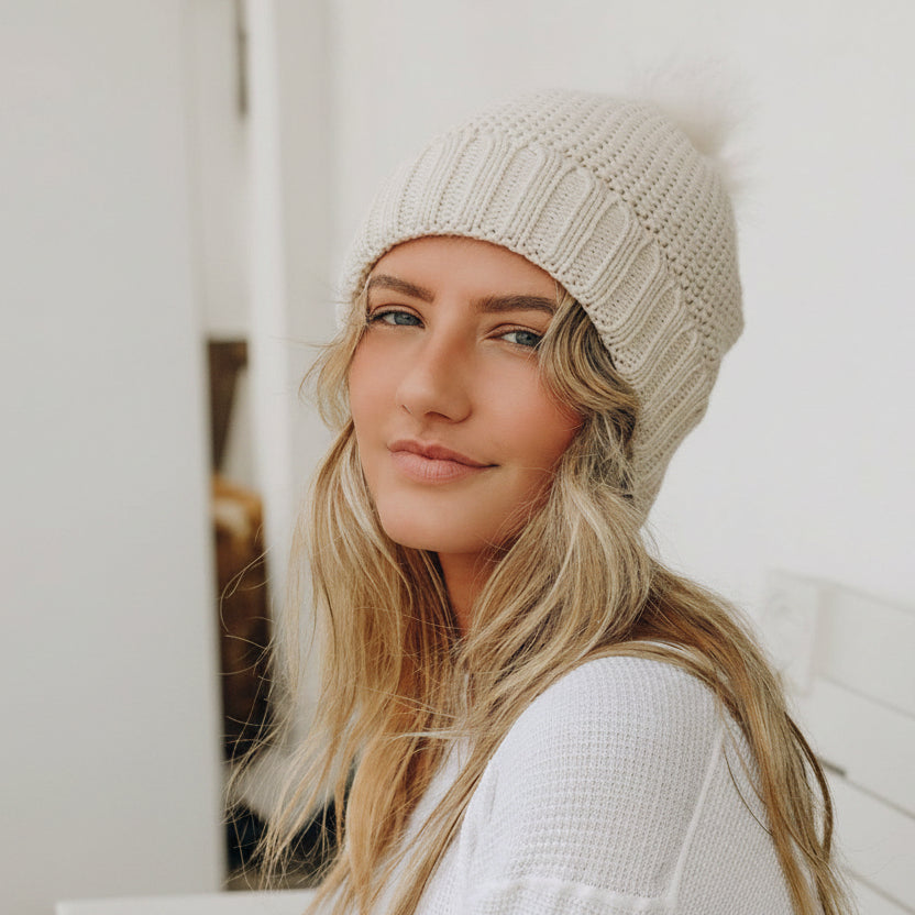 Women's Sherpa Lining Fur Pom Pom Beanie - Beanie - BellanBlue