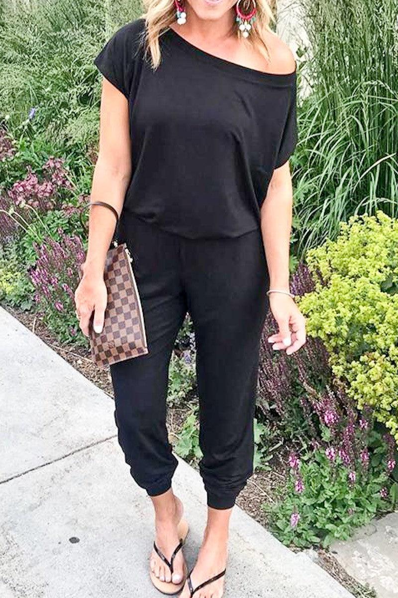 Women's Short Sleeve Boat Neck Loose Fit Casual Jumpsuit - Jumpsuits & Rompers - BellanBlue
