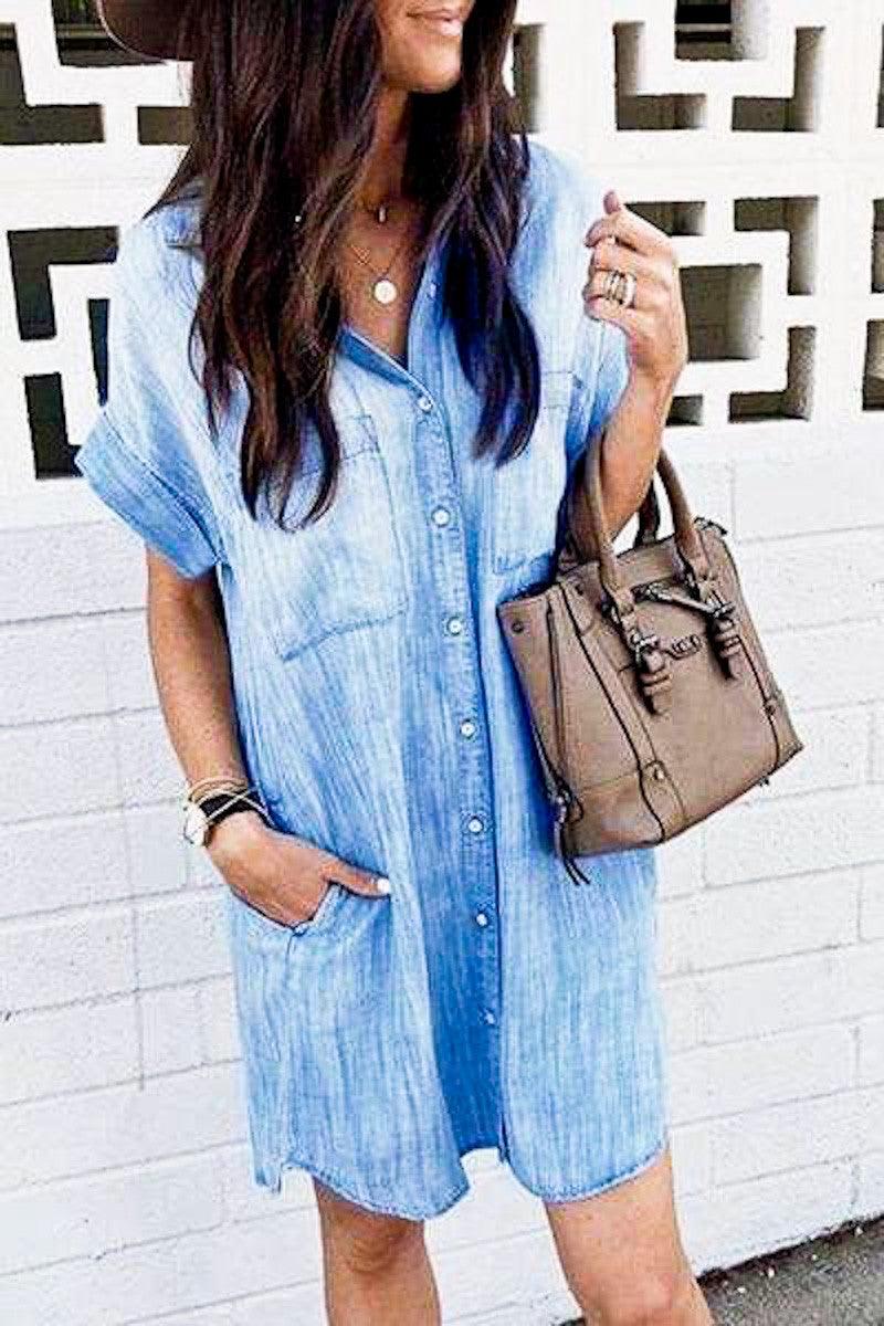 Women's Short Sleeve Front Button-Down Denim Shirt Dress - Dresses - BellanBlue