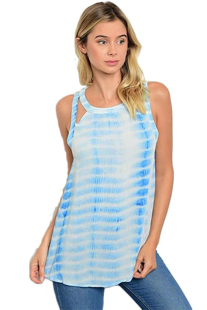 Women modeling a size small tie-dye blue sleeveless tunic top with bottom jeans.