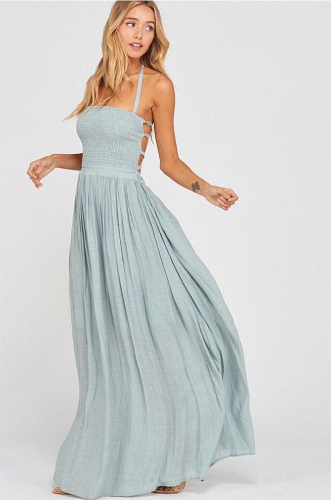 Women's Smocked Halter Cross Strap Back Maxi Dress - Dresses - BellanBlue