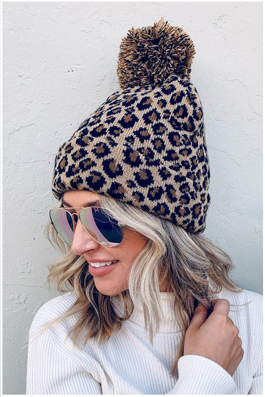 Women's Soft Leopard Pom Pom Beanie - Beanie - BellanBlue