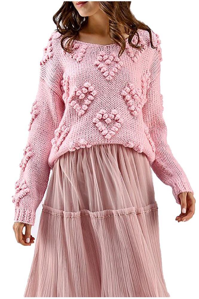 Women's Soft Pink Fall Loose Fitting Knit Heart Bauble Sweater - Pullovers - BellanBlue