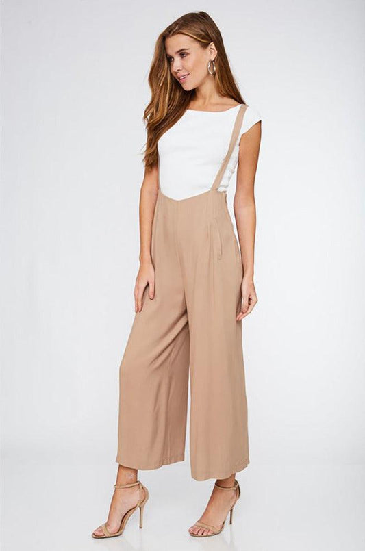 Women's Taupe Short Sleeve Wide Leg Overall - Pants - BellanBlue
