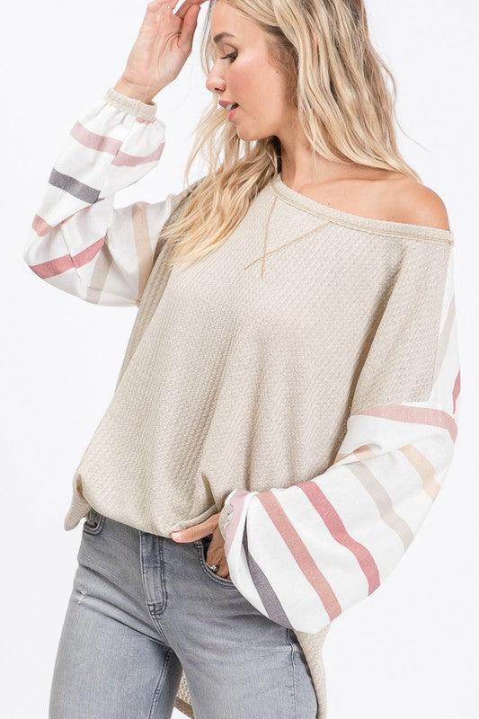 Women's Thermal Waffle Off Shoulder Colorful Stripes Top - Shirts & Tops - BellanBlue