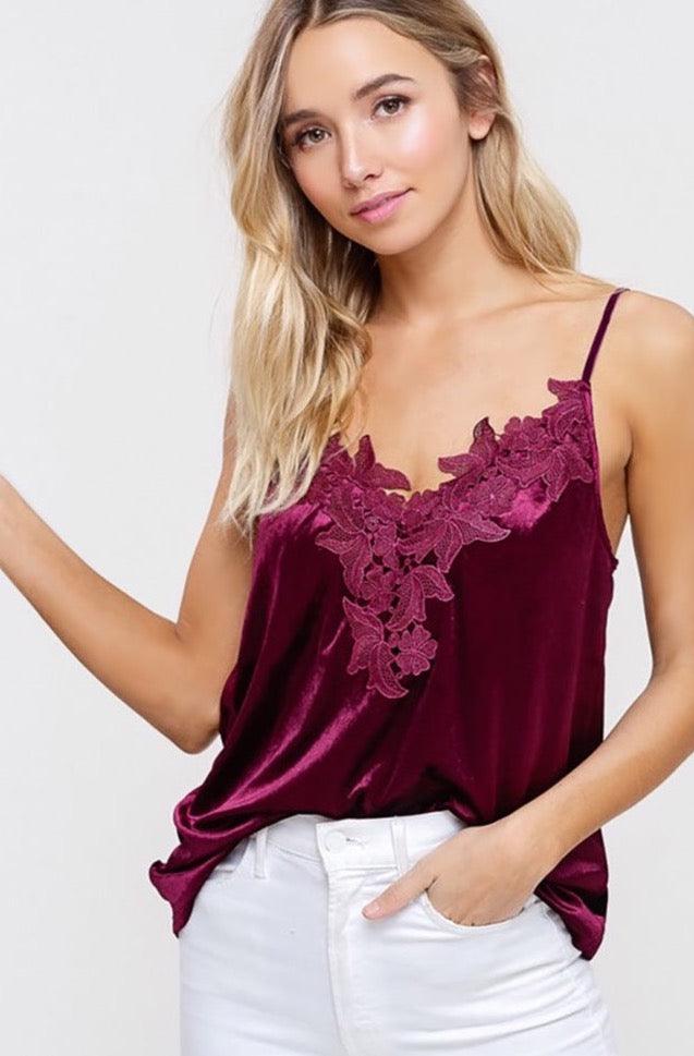 Women's Velvet Camisole Floral Patch Top - Shirts & Tops - BellanBlue