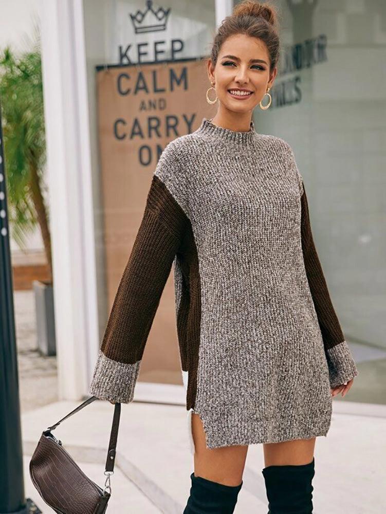 Women's Warm Chic Grey Brown Pullover Long Sleeve Sweater Dress - Pullovers - BellanBlue