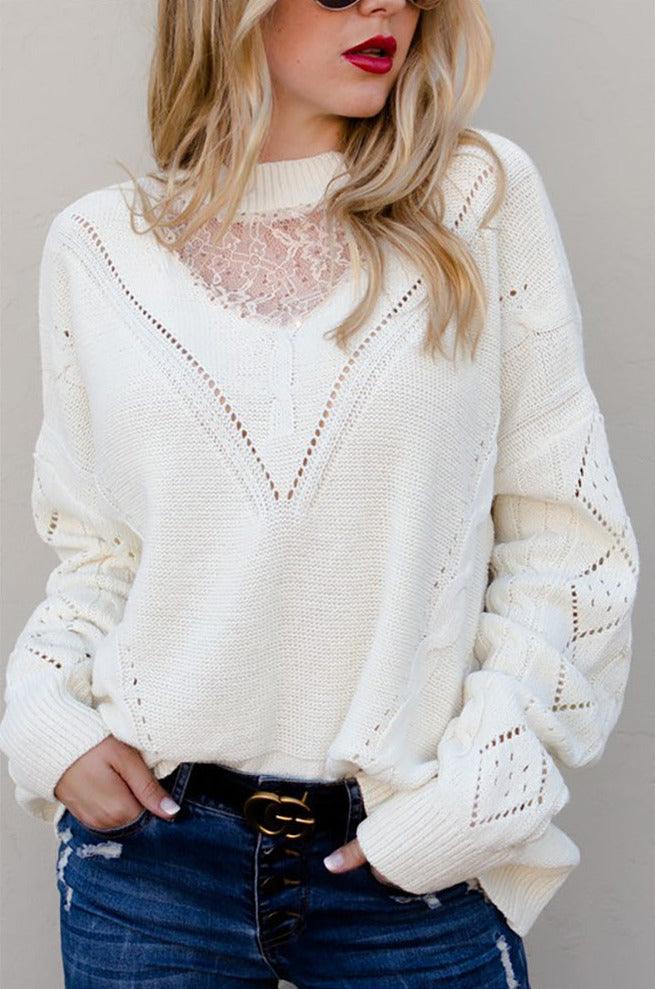 Women's White Floral Lace Detail Pullover Cozy Sweater - Pullovers - BellanBlue