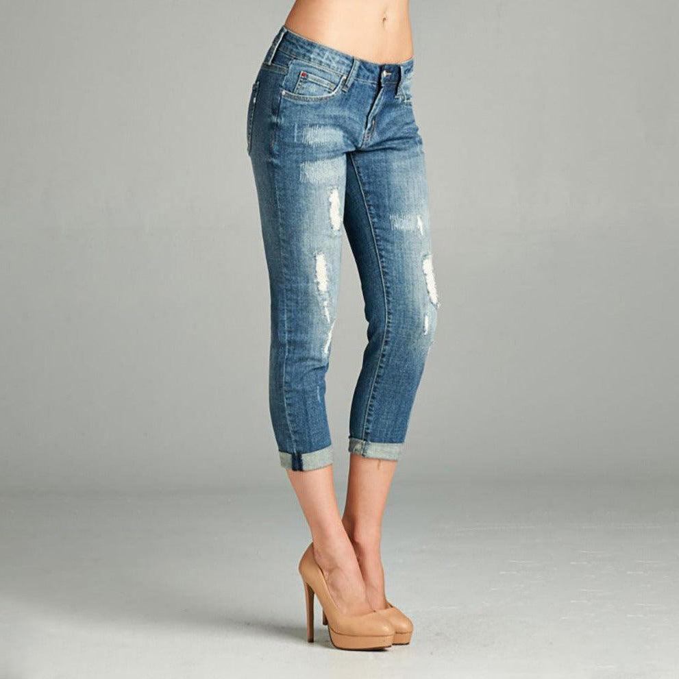 Women's Zig-Zag Stitch Destroy Skinny Boyfriend Jeans - Jeans - BellanBlue