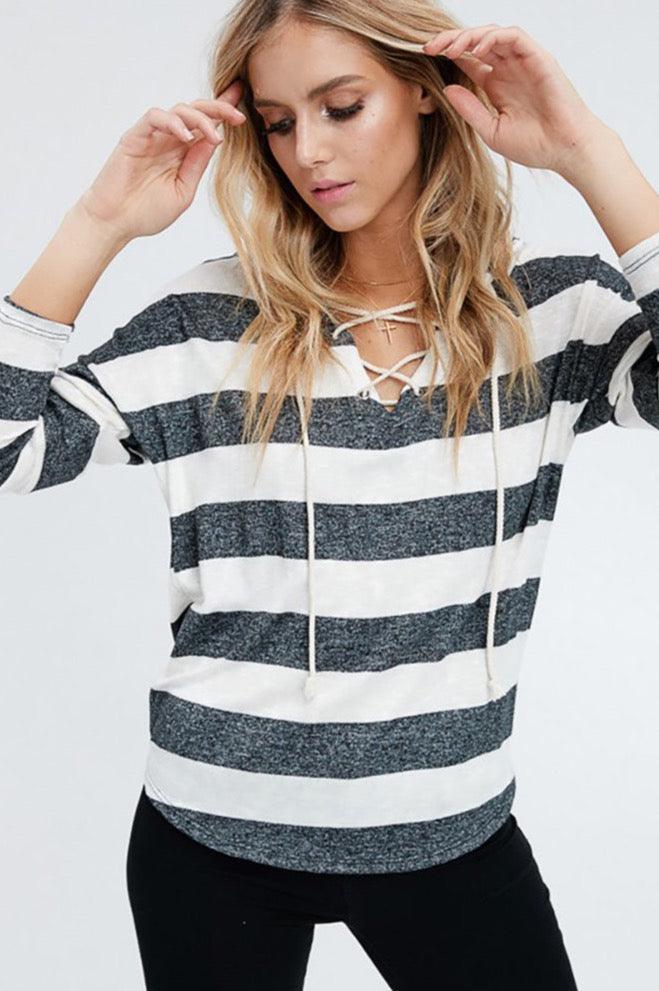 Women Striped Pullover Lace Up Hoodie - Shirts & Tops - BellanBlue
