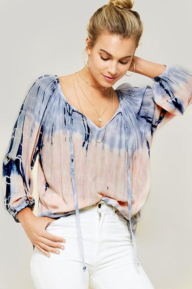 Women Tie-Dye Plunging Neckline Cuff Sleeve Top - Shirts & Tops - BellanBlue