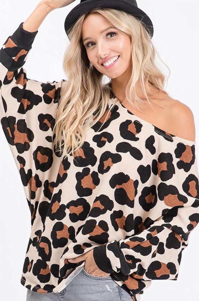 Women Wide Neck Leopard Sweater - Pullovers - BellanBlue