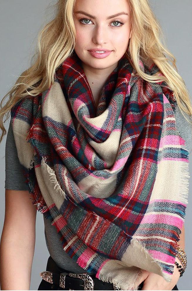 Women Wrap Plaid Blanket Oversized Scarf - Scarves & Shawls - BellanBlue